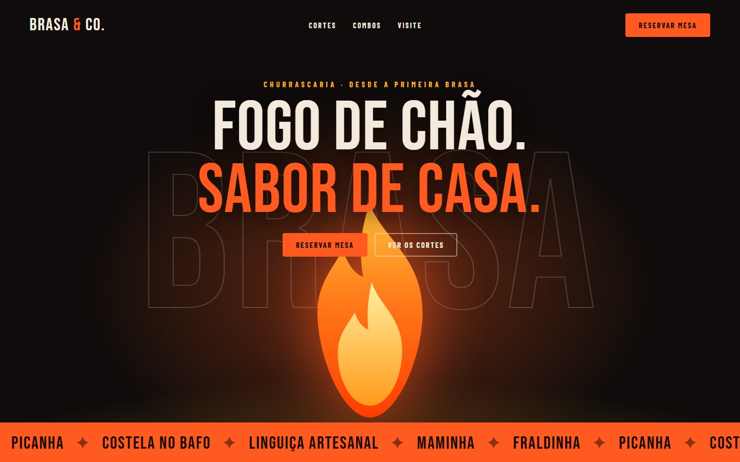 Página inicial do site de demonstração Brasa & Co., restaurante