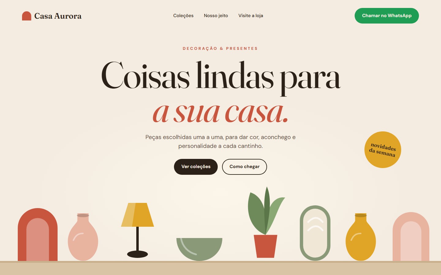 Página inicial do site de demonstração Casa Aurora, loja de decoração