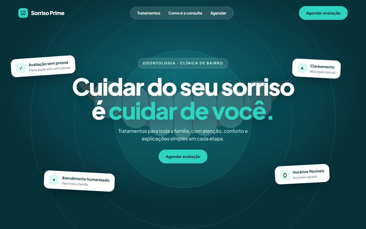 Página inicial do site de demonstração Sorriso Prime, clínica odontológica